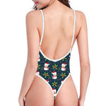 Santa Snowman Pattern Print One Piece High Cut Swimsuit