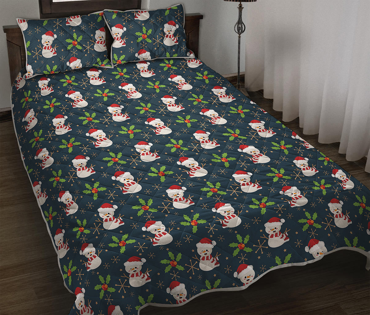 Santa Snowman Pattern Print Quilt Bed Set