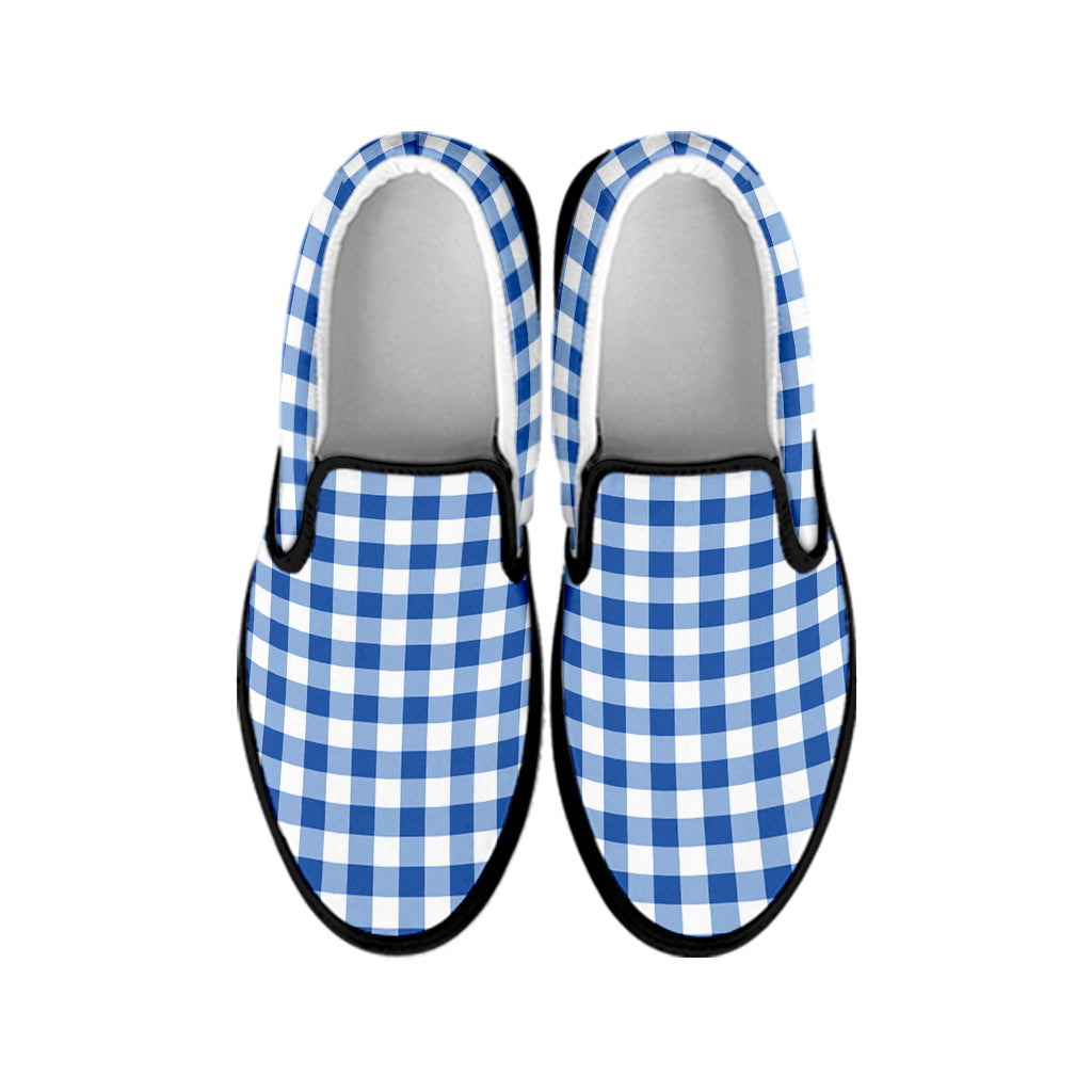 Sapphire Blue Check Pattern Print Black Slip On Shoes