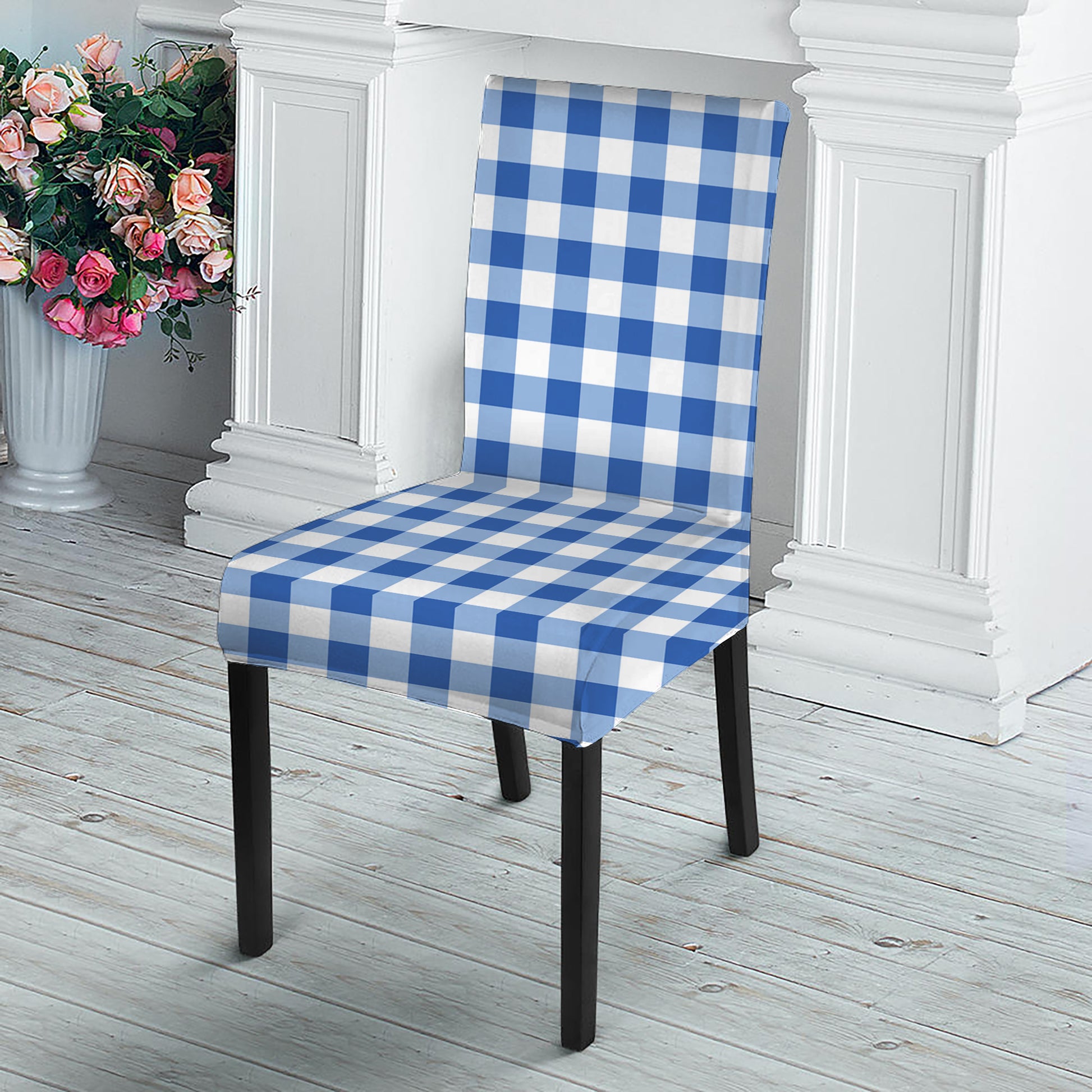 Sapphire Blue Check Pattern Print Dining Chair Slipcover