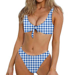 Sapphire Blue Check Pattern Print Front Bow Tie Bikini