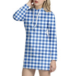 Sapphire Blue Check Pattern Print Hoodie Dress