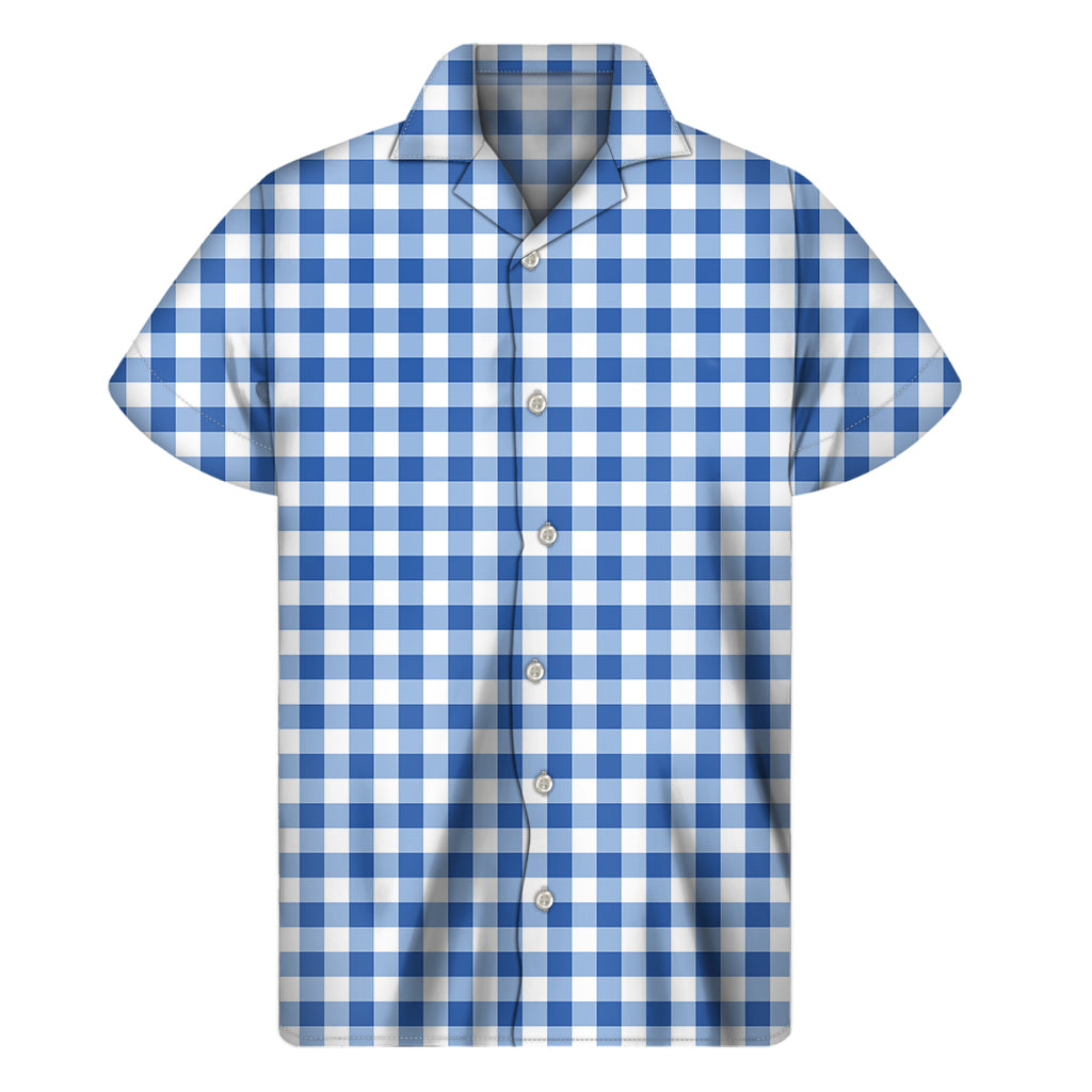 Sapphire Blue Check Pattern Print Men's Short Sleeve Shirt