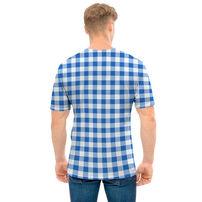 Sapphire Blue Check Pattern Print Men's T-Shirt