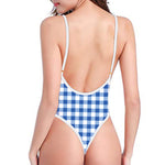 Sapphire Blue Check Pattern Print One Piece High Cut Swimsuit