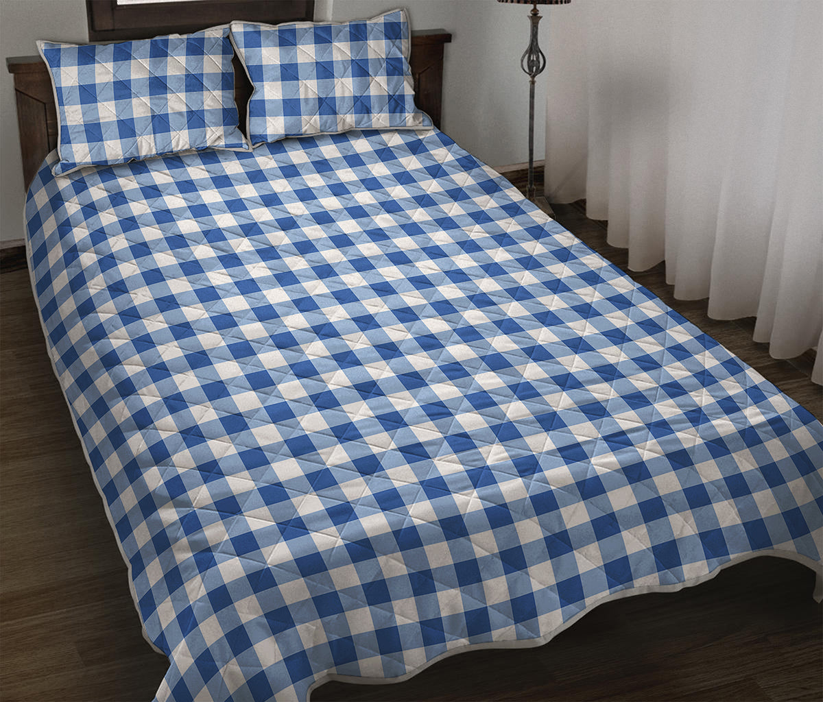 Sapphire Blue Check Pattern Print Quilt Bed Set