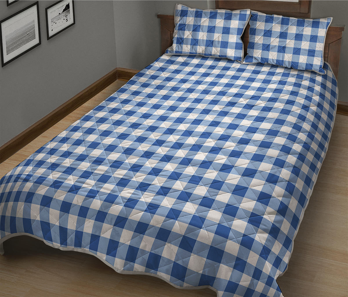 Sapphire Blue Check Pattern Print Quilt Bed Set