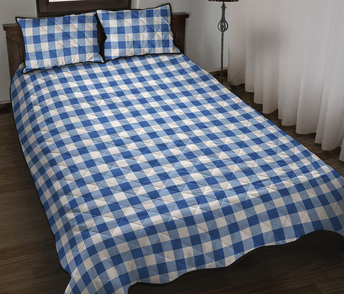 Sapphire Blue Check Pattern Print Quilt Bed Set