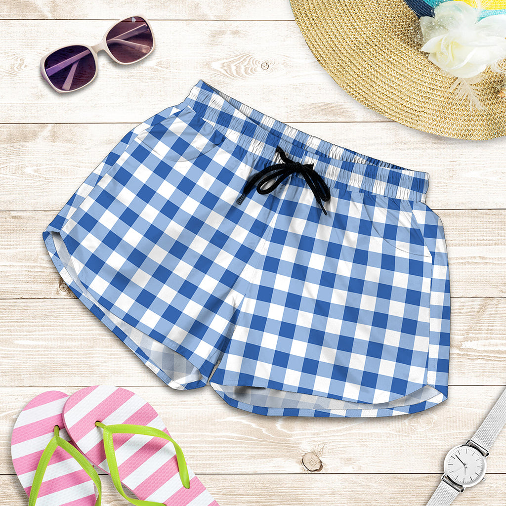 Sapphire Blue Check Pattern Print Women's Shorts