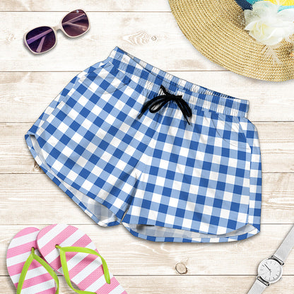 Sapphire Blue Check Pattern Print Women's Shorts