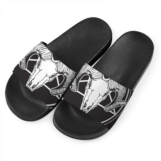 Satan Goat Skull Pentagram Print Black Slide Sandals