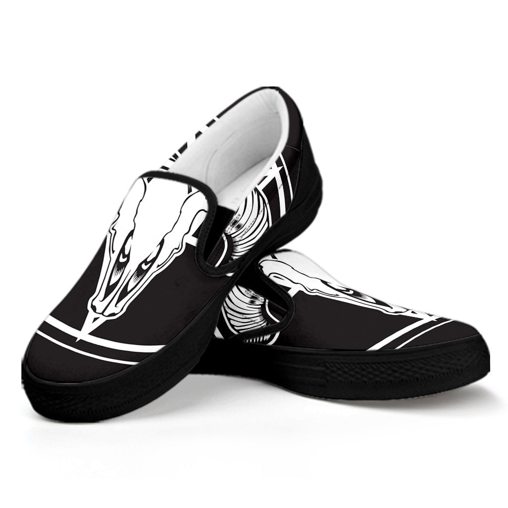 Satan Goat Skull Pentagram Print Black Slip On Shoes