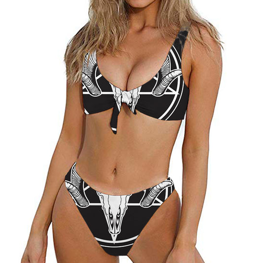 Satan Goat Skull Pentagram Print Front Bow Tie Bikini