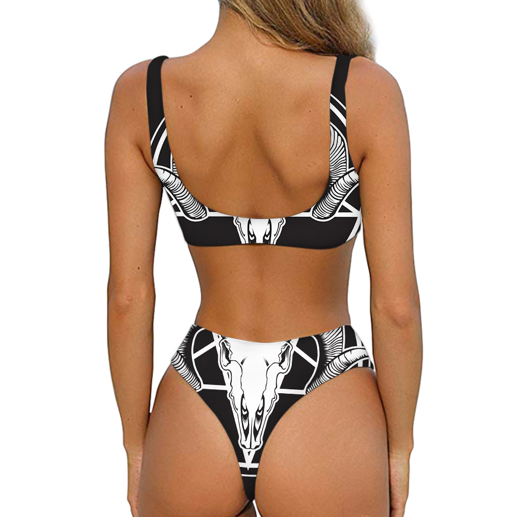 Satan Goat Skull Pentagram Print Front Bow Tie Bikini
