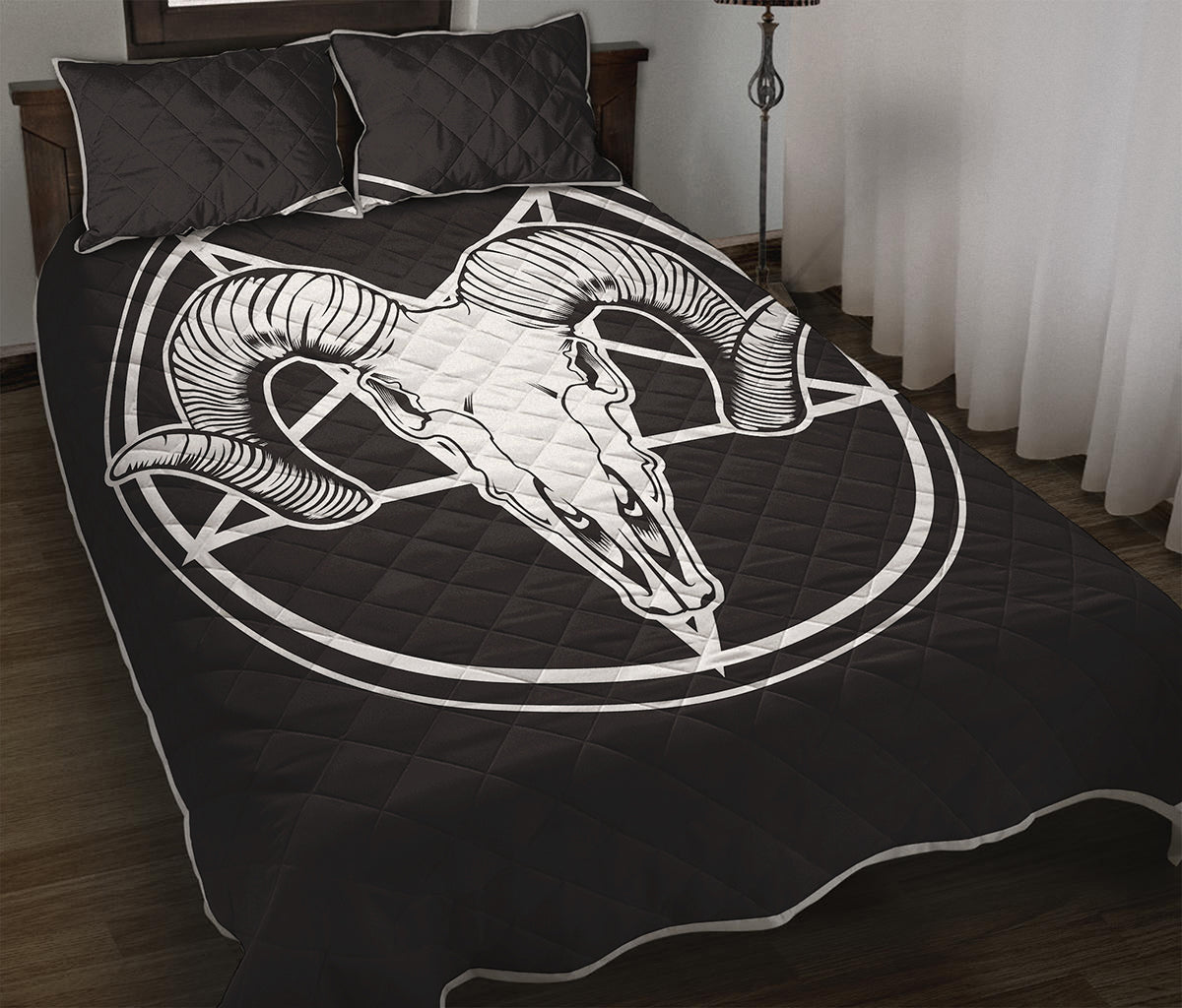 Satan Goat Skull Pentagram Print Quilt Bed Set