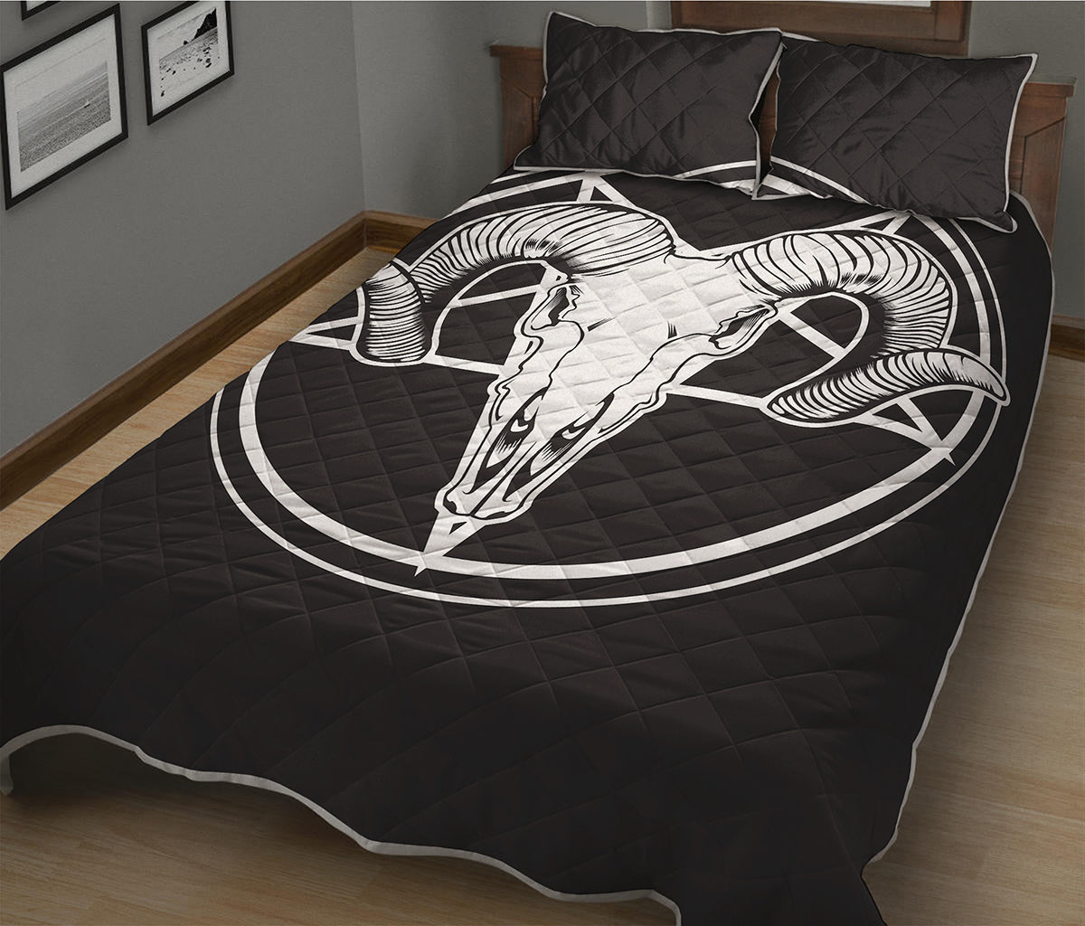 Satan Goat Skull Pentagram Print Quilt Bed Set