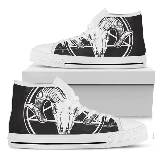 Satan Goat Skull Pentagram Print White High Top Shoes
