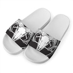 Satan Goat Skull Pentagram Print White Slide Sandals