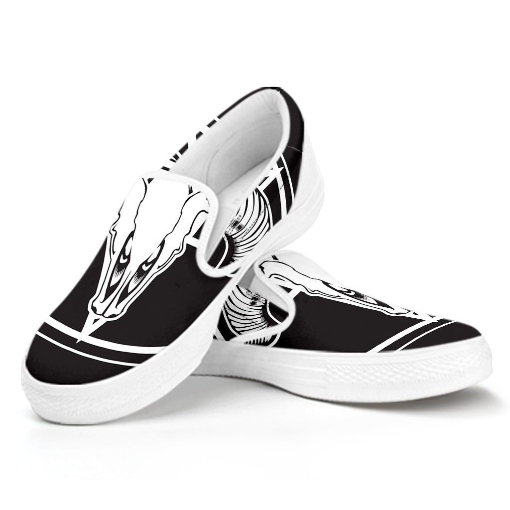 Satan Goat Skull Pentagram Print White Slip On Shoes