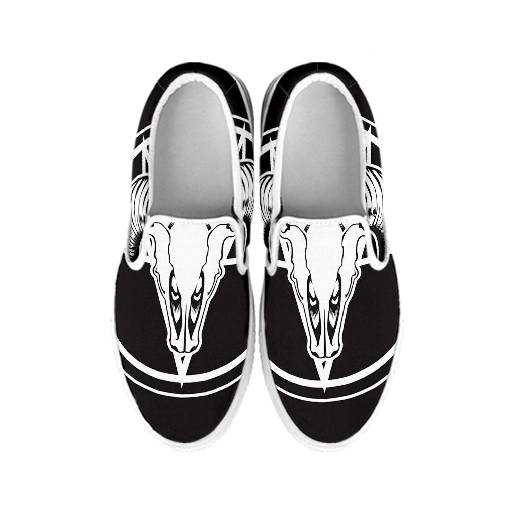 Satan Goat Skull Pentagram Print White Slip On Shoes