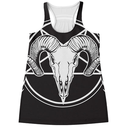 Satan Goat Skull Pentagram Print Women's Racerback Tank Top