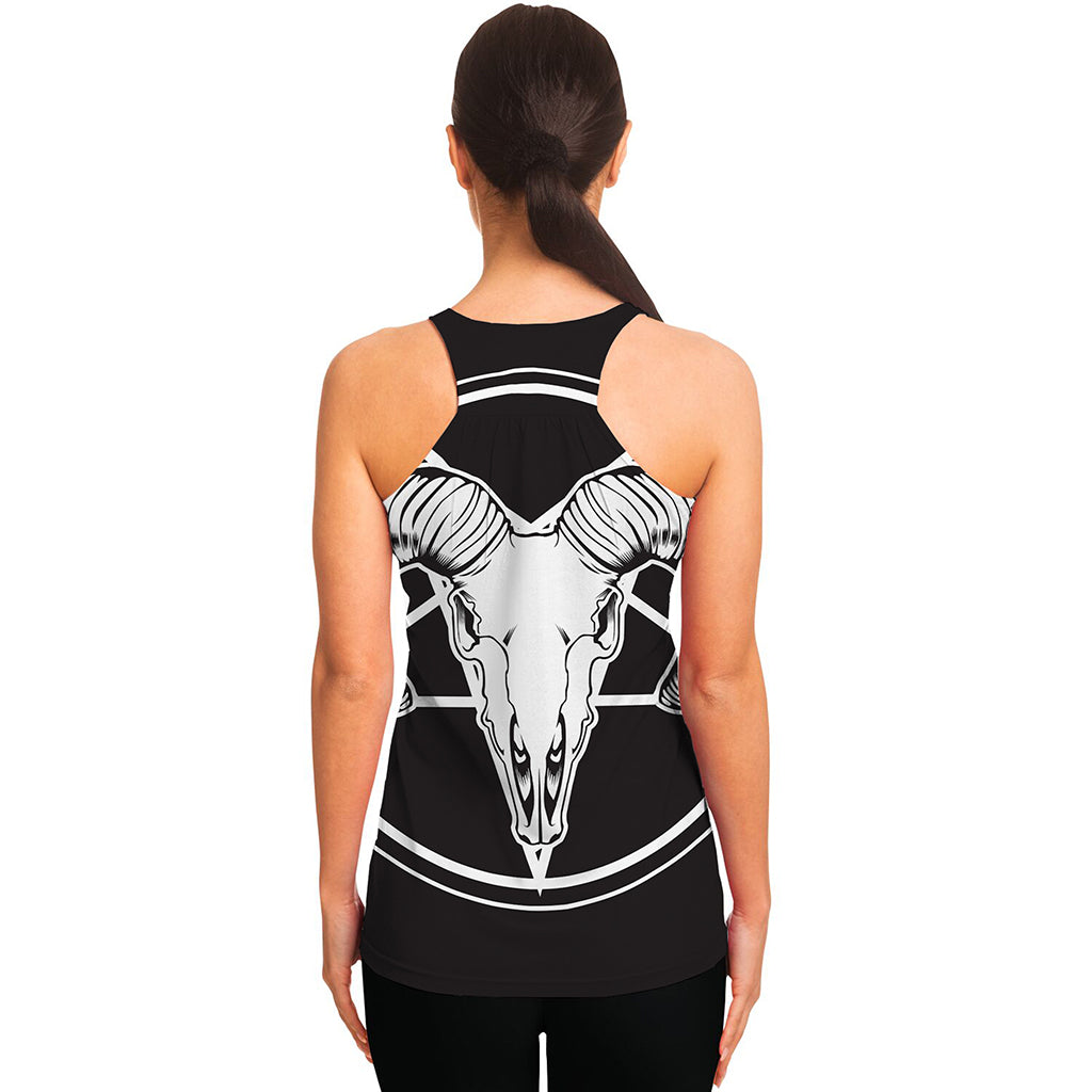 Satan Goat Skull Pentagram Print Women's Racerback Tank Top
