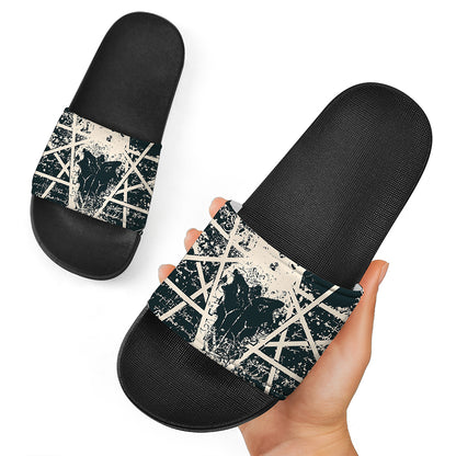 Satan Goat Skull Symbol Print Black Slide Sandals