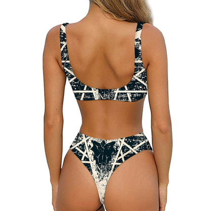 Satan Goat Skull Symbol Print Front Bow Tie Bikini