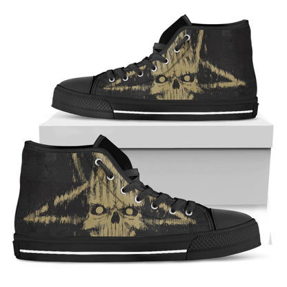 Satanic Pentagram Skull Print Black High Top Shoes