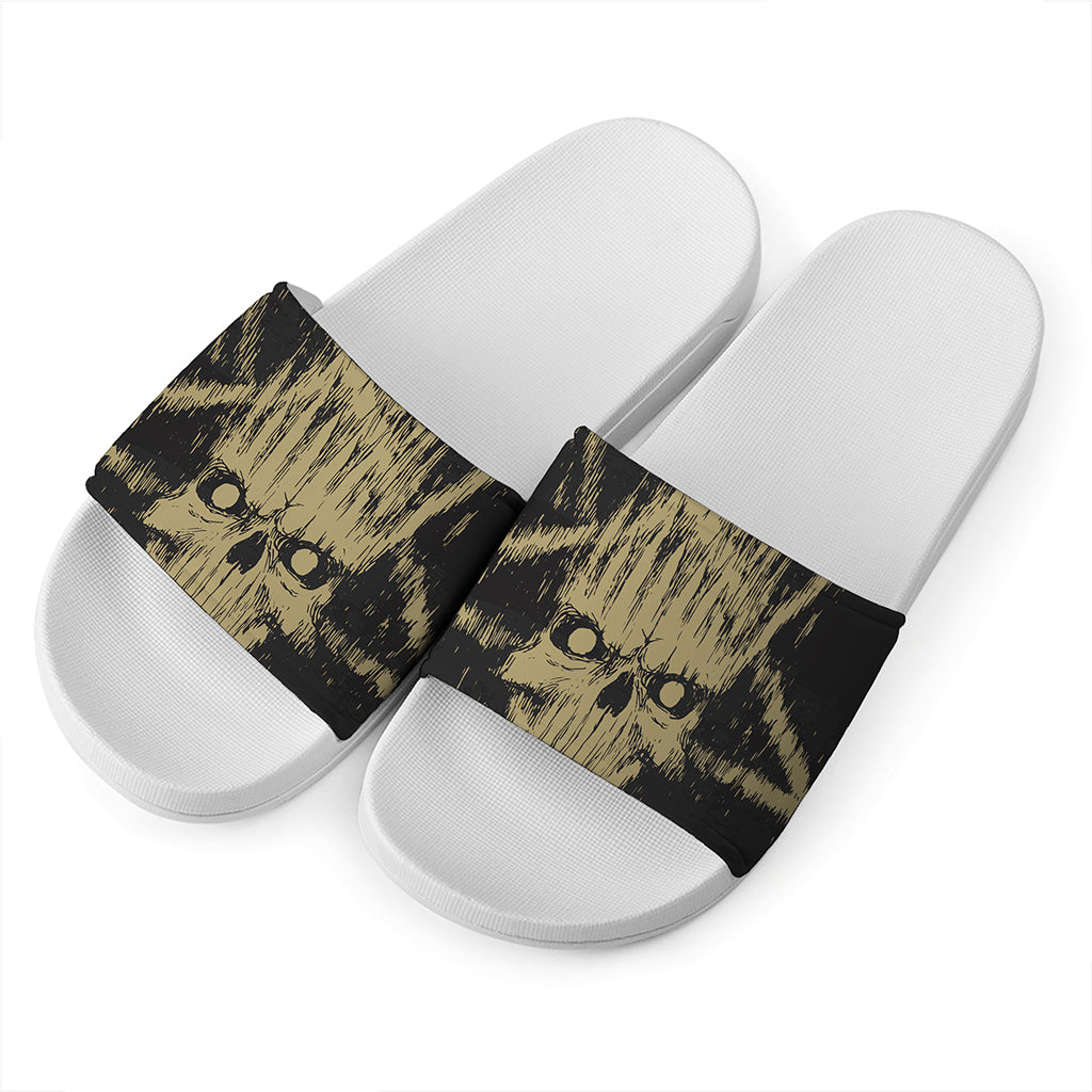 Satanic Pentagram Skull Print White Slide Sandals