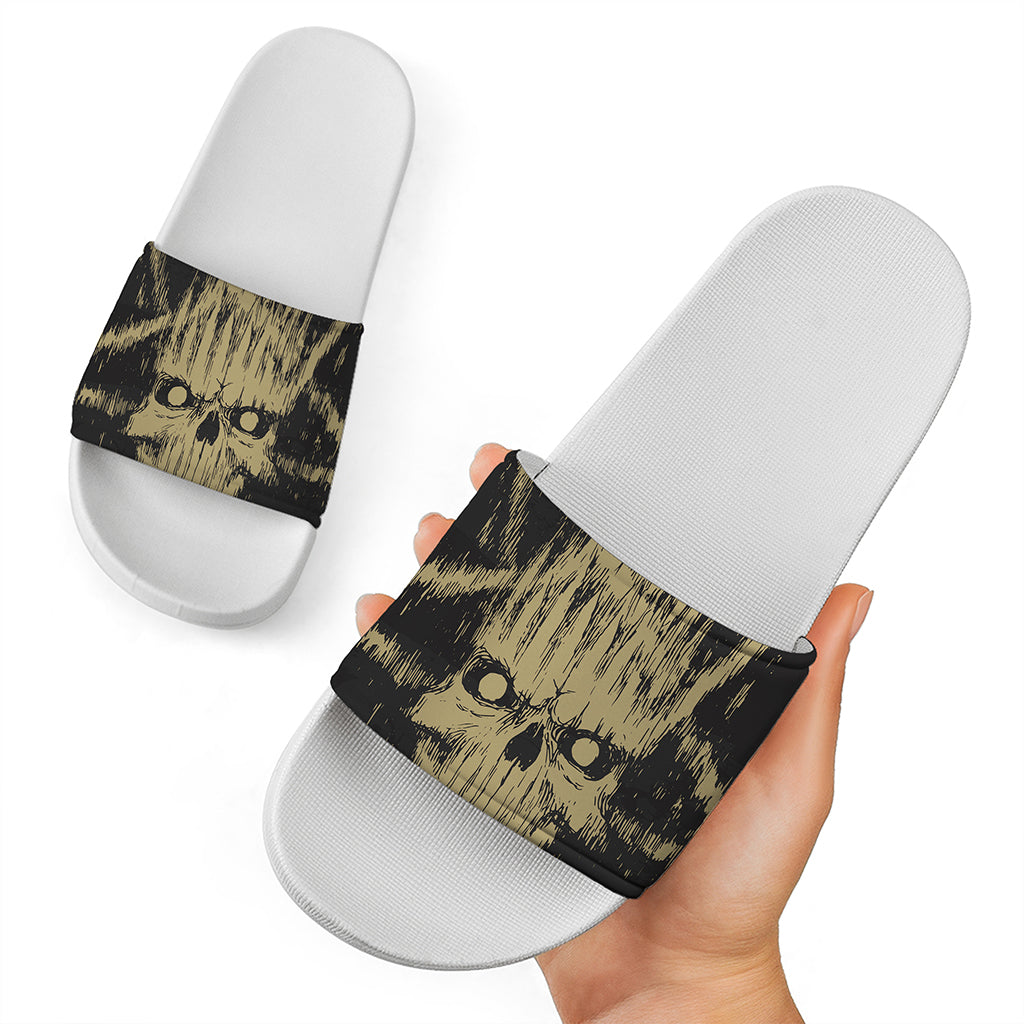 Satanic Pentagram Skull Print White Slide Sandals