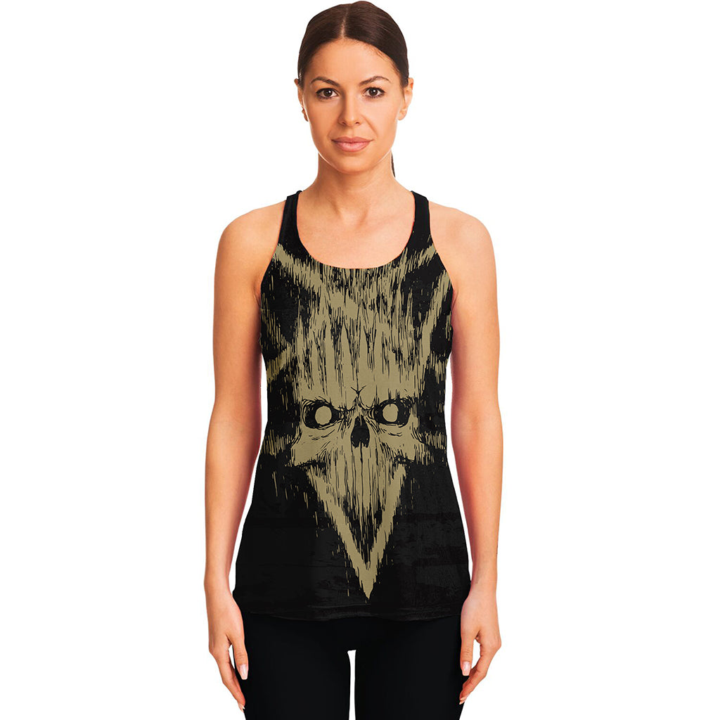 Satanic Pentagram Skull Print Women's Racerback Tank Top