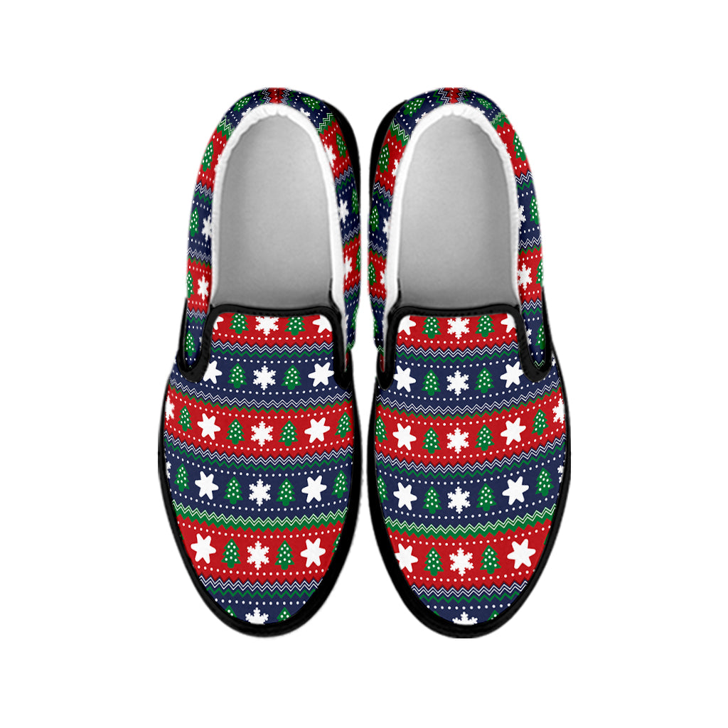 Scandinavian Christmas Pattern Print Black Slip On Shoes