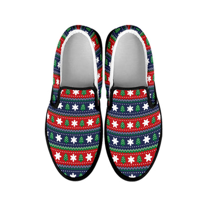 Scandinavian Christmas Pattern Print Black Slip On Shoes