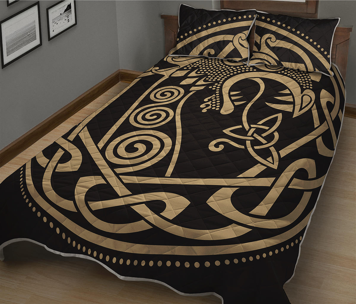 Scandinavian Viking Dragon Print Quilt Bed Set