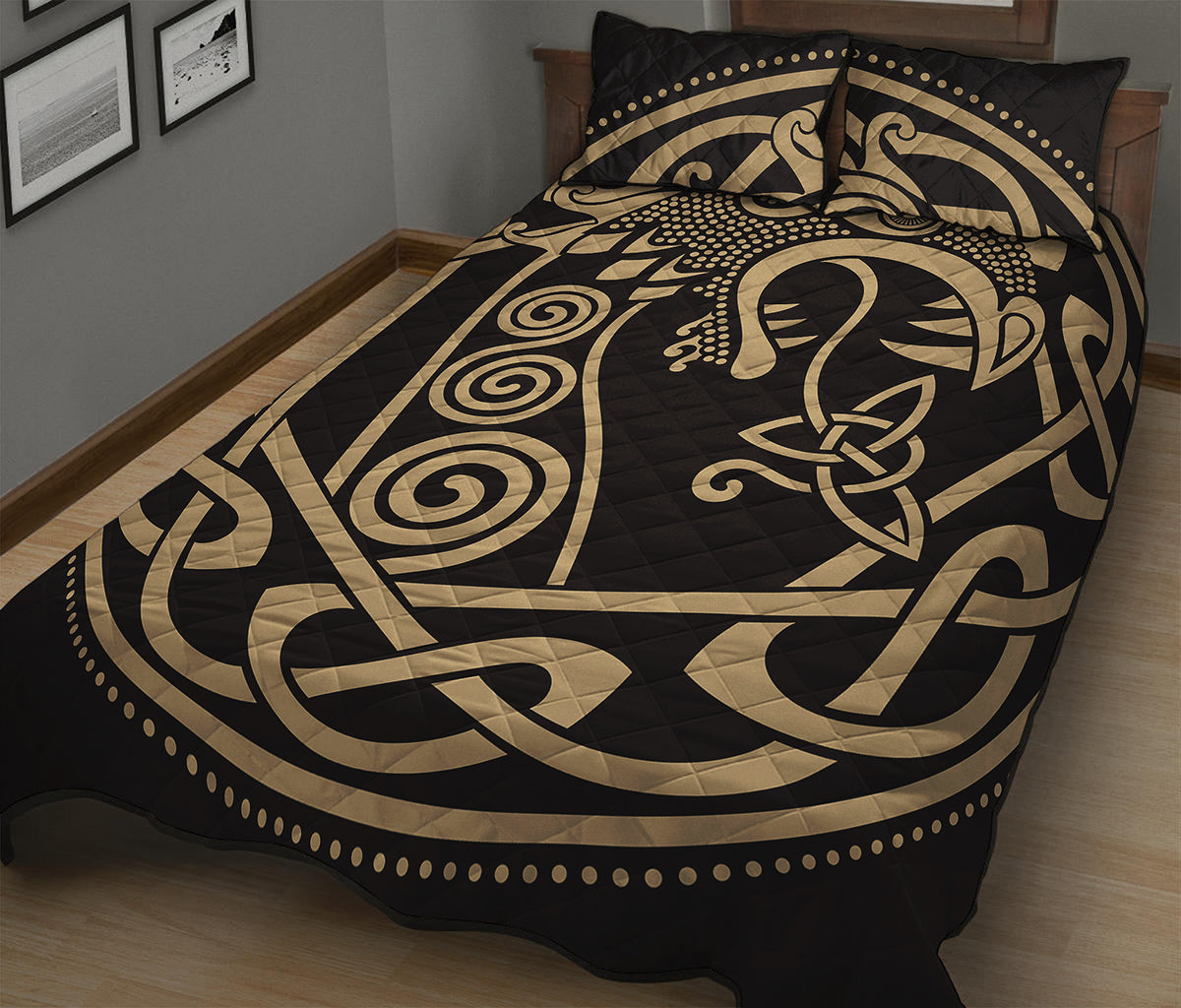 Scandinavian Viking Dragon Print Quilt Bed Set