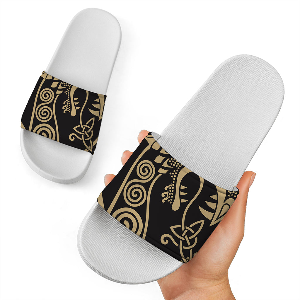Scandinavian Viking Dragon Print White Slide Sandals