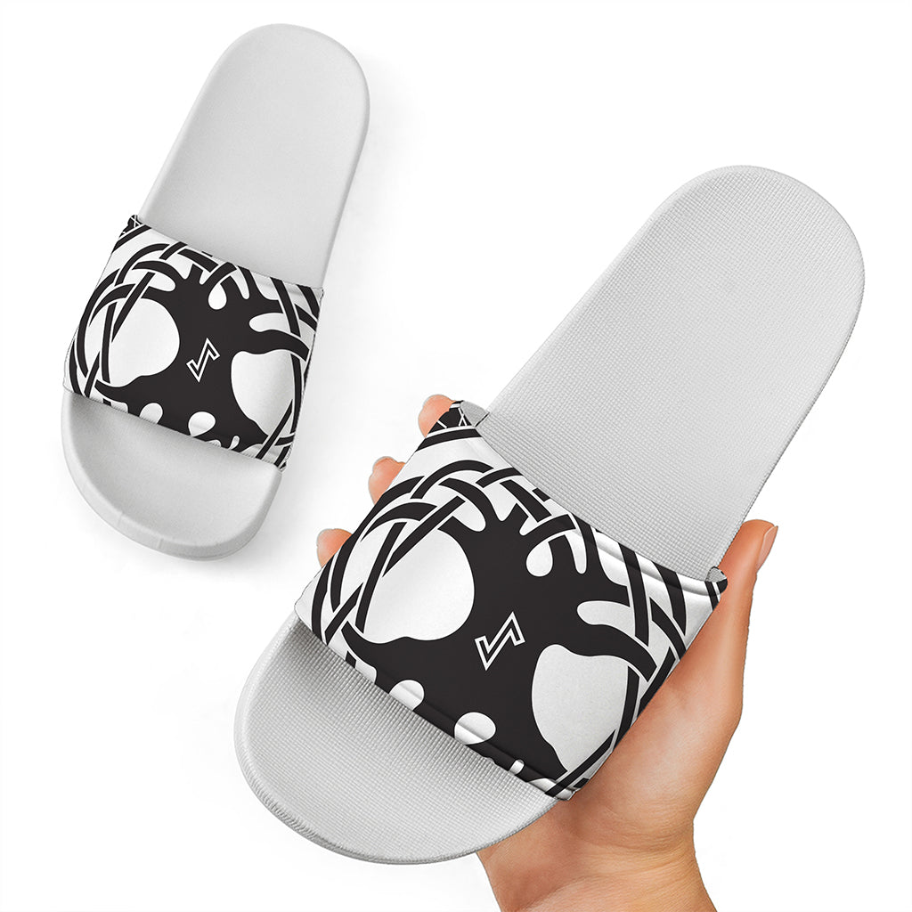Scandinavian Yggdrasil Print White Slide Sandals