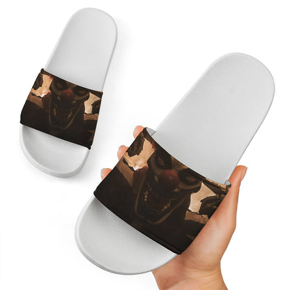 Scary Clown Print White Slide Sandals
