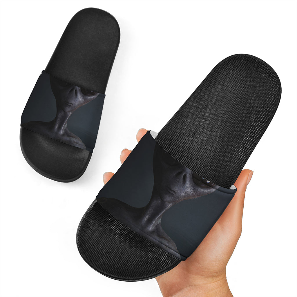 Scary Grey Alien 3D Print Black Slide Sandals
