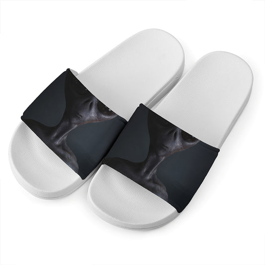 Scary Grey Alien 3D Print White Slide Sandals