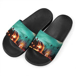 Scary Halloween Pumpkin Print Black Slide Sandals
