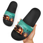 Scary Halloween Pumpkin Print Black Slide Sandals