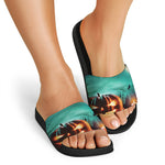 Scary Halloween Pumpkin Print Black Slide Sandals