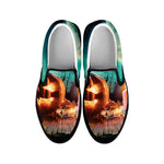 Scary Halloween Pumpkin Print Black Slip On Shoes