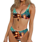 Scary Halloween Pumpkin Print Front Bow Tie Bikini