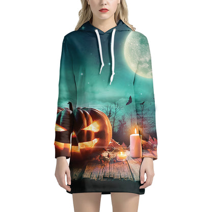 Scary Halloween Pumpkin Print Hoodie Dress