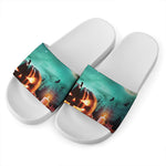 Scary Halloween Pumpkin Print White Slide Sandals
