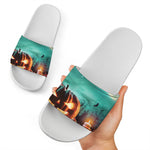 Scary Halloween Pumpkin Print White Slide Sandals