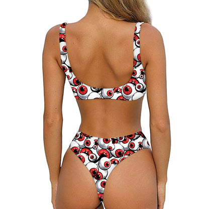 Scary Red Eyeball Pattern Print Front Bow Tie Bikini